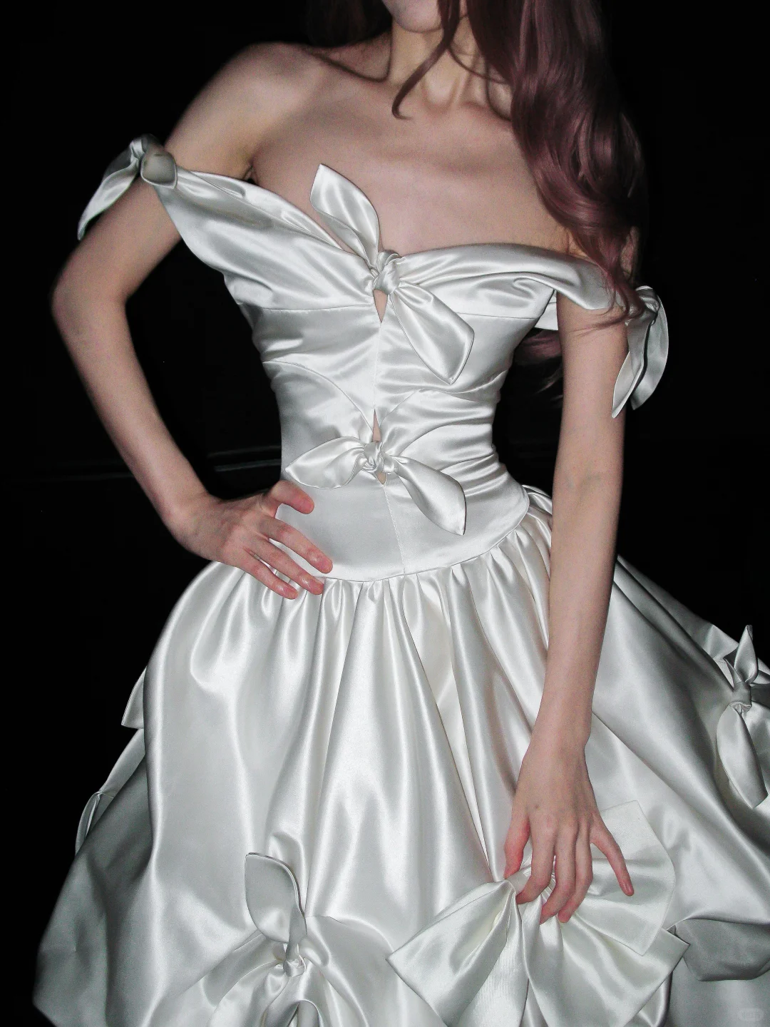 Cute Bow A Line Off the Shoulder Satin Long Prom Dress Party Dress SH4966