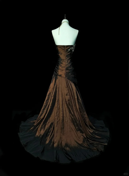 Vintage Brown Strapless Beaded Satin Mermaid Long Wedding Guest Dress Birthday Party Dress Evening Gown D1913