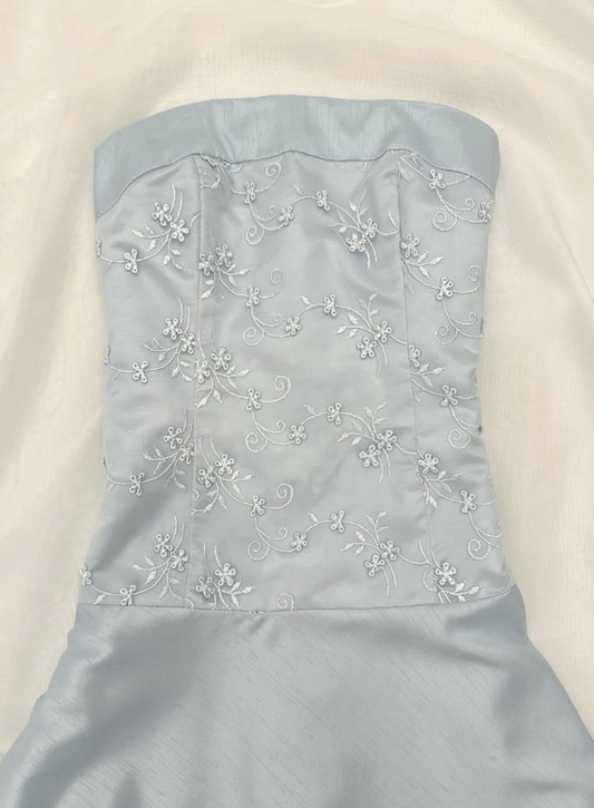 Cute Blue A Line Strapless Embroidery Satin Short Homecoming Dress Outfits SH3608