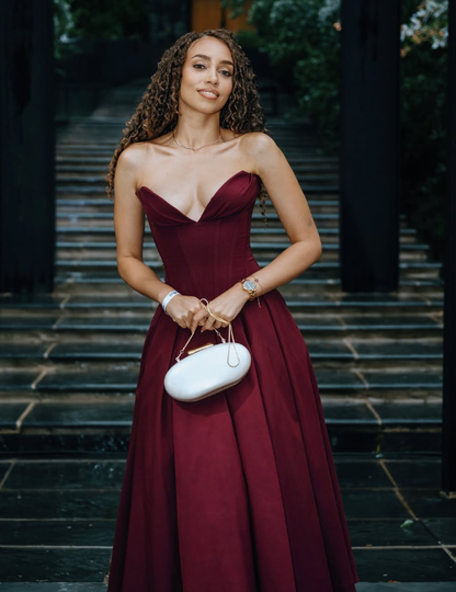 Cute A Line Sweetheart Neck Burgundy Satin Prom Dress Evening Dress SH2636