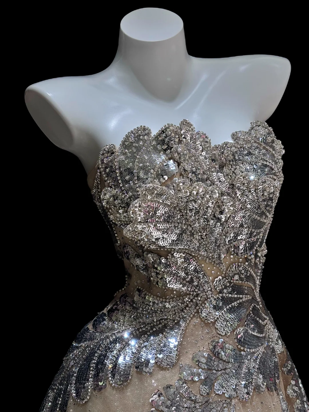 Silver Layered Sequin A Line Sweetheart Neck Apricot Tulle Long Prom Dress Evening Dress SH5007