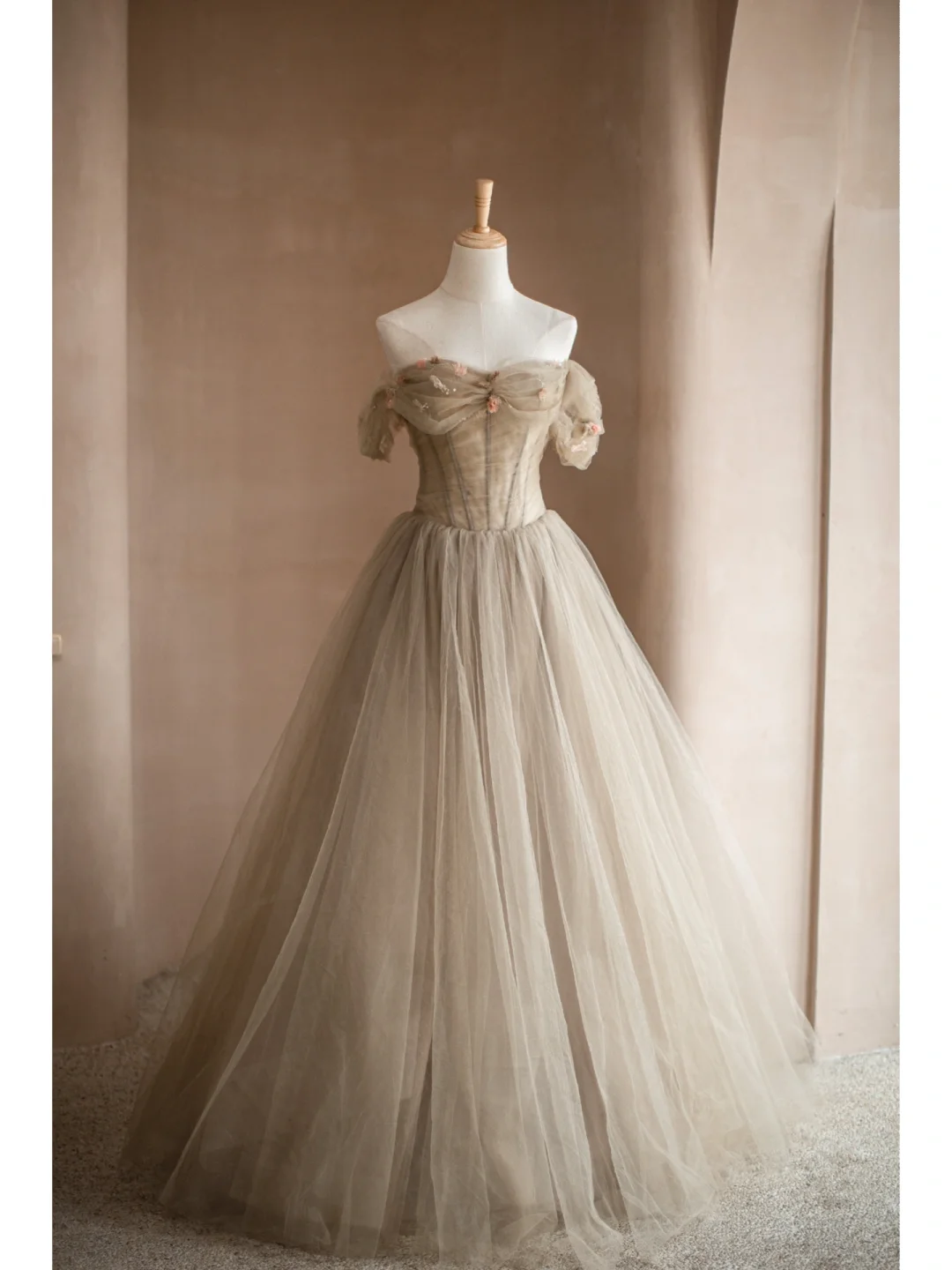 Light Camel A Line Off the Shoulder Floral Tulle Long Party Dress Prom Dress Formal Dress SH3855