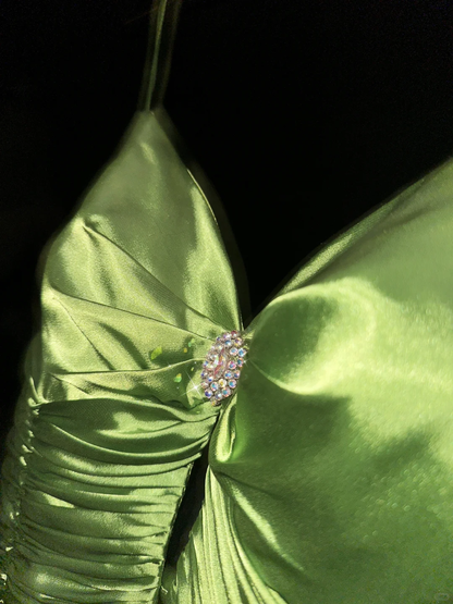 Green A Line Spaghetti Strap Beaded Pleated Satin Long Prom Dress Evening Dress SH3158