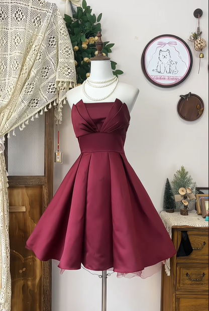 Simple A Line Strapless Burgundy Satin Short Homecoming Dress Cocktail Dress SH3010