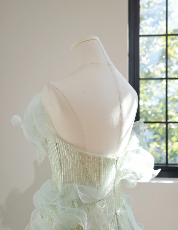 Chic Mint Green Strapless Sequin 3D Tulle Ruffles Mermaid Long Evening Dress Party Gown D2154