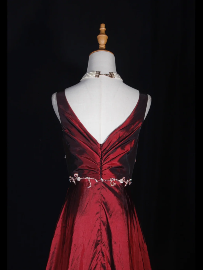 Vintage Burgundy V Neck Satin Appliques Mermaid Long Wedding Guest Dress Formal Evening Gowns D2273