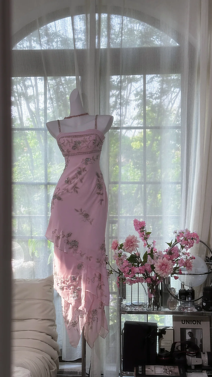Sweet Spaghetti Straps Pink Chiffon Beaded Layered Mermaid Prom Dress Birthday Party Gown D1173