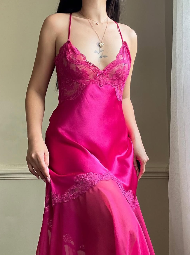 Hot Pink Sexy A Line Spaghetti Strap Lace Satin Prom Dress Evening Dress SH2316
