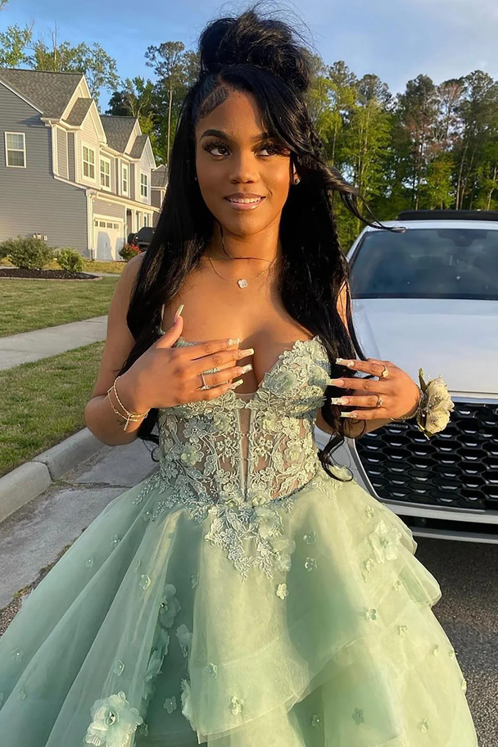 Charming Light Green Tulle Appliques Long Evening Dress Birthday Party Dress D1190