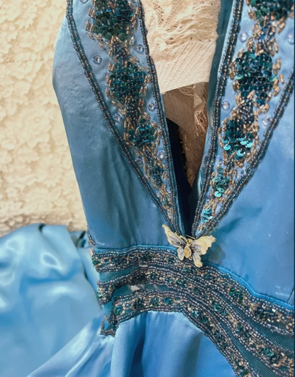 Sexy Blue Halter Satin Beaded V Neck Mermaid Long Party Dress Prom Dresses D2143
