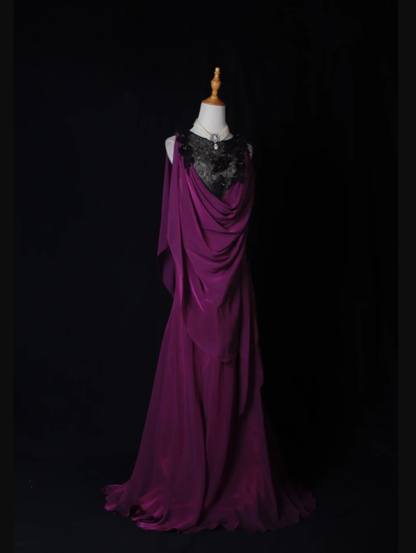 Elegant Sleeveless Purple Chiffon Lace Mermaid Long Party Dress Evening Gown With Beaded D2274