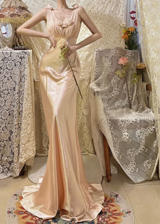Pretty Pink V Neck Satin Mermaid Long Wedding Guest Dress Formal Birthday Prom Dress Party Gown D2139