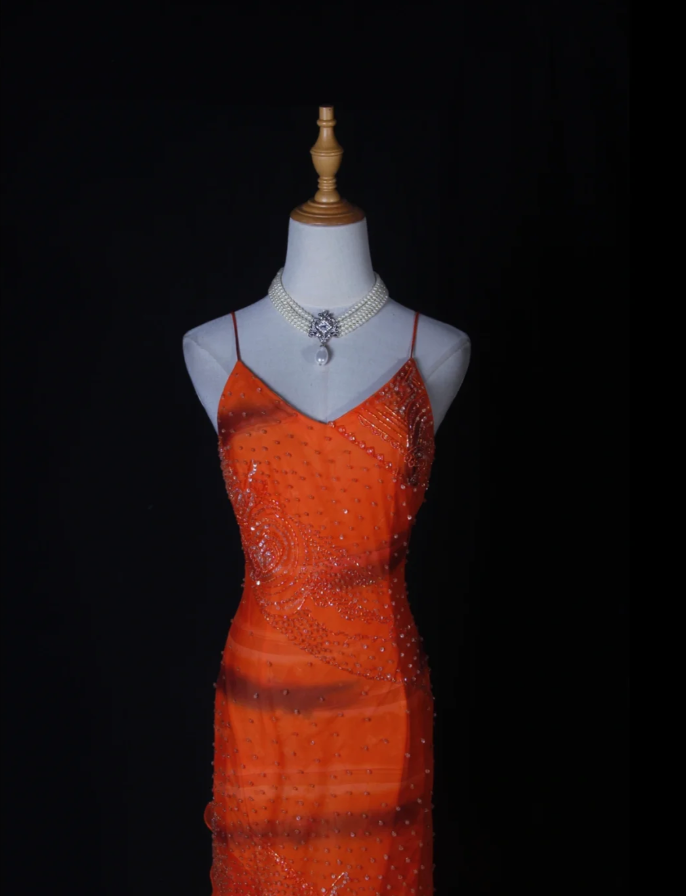 Pretty Orange Spaghetti Straps Chiffon Beaded Ruffle Mermaid Long Prom Dress Evening Gown D2268