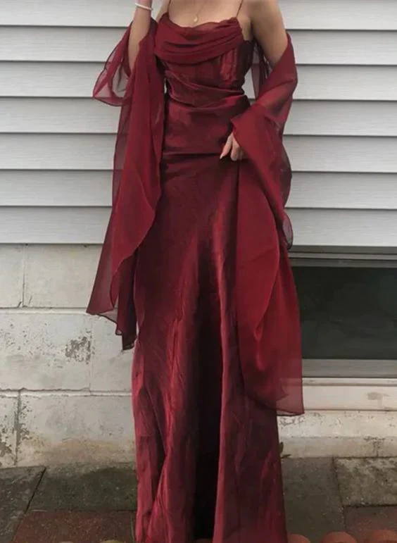 Simple Burgundy Prom Dress Spaghetti Straps Long Evening Dress SH1198