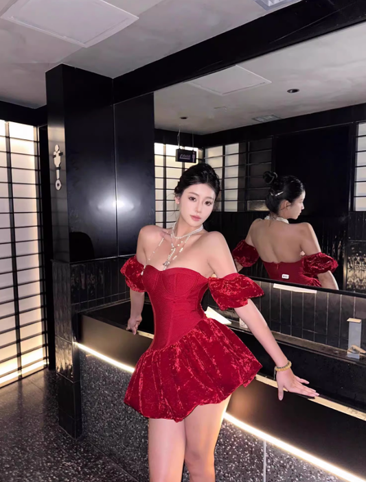 Red A Line Off the Shoulder Satin Velvet Short Homecoming Dress Cocktail Dress SH3383