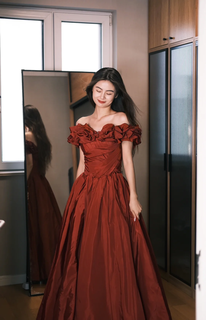 Romantic Burgundy A Line Off the Shoulder Pleated Satin Evening Dress Party Dress SH3479