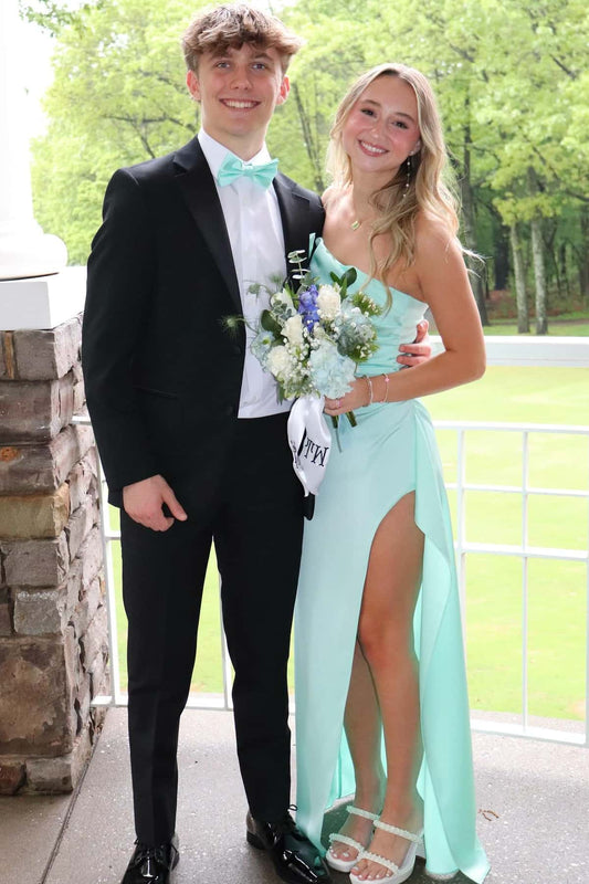 Satin Fitted Strapless Long Party Prom Dress With Leg Slit