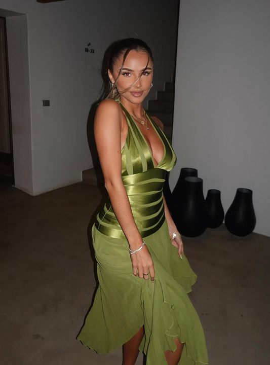 Elegant A Line Halter Green Satin Chiffon Open Back Prom Dress Evening Dress SH2551