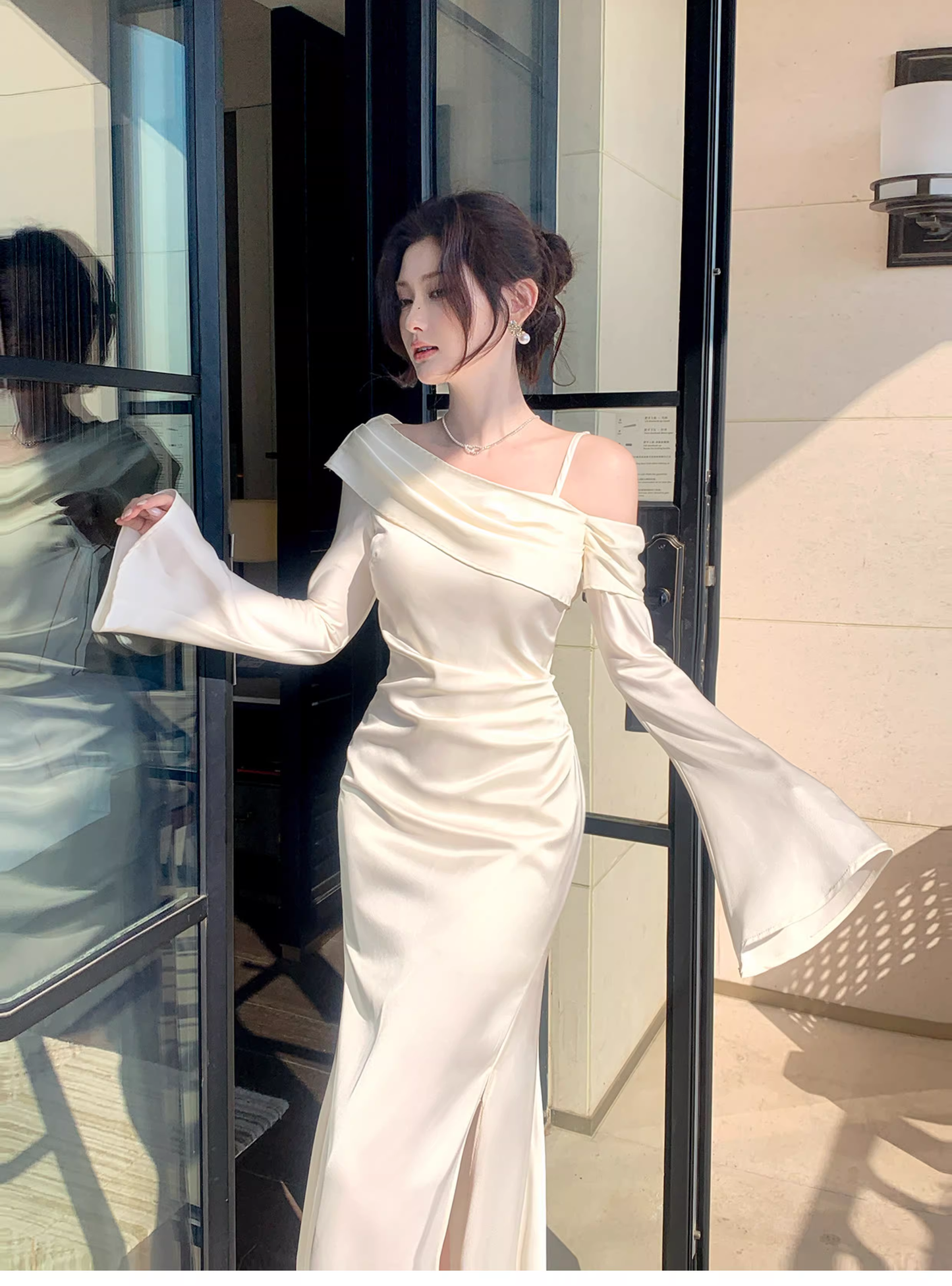 Classy Light Apricot Off The Shoulder Mermaid Slit Long Party Dress Prom Gown Formal Wedding Guest Dress SP1494