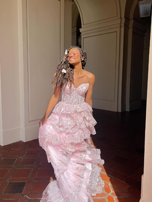 Princess A Line Sweetheart Neck Corset Appliques Pink Tulle Prom Dress Evening Dress SH2177