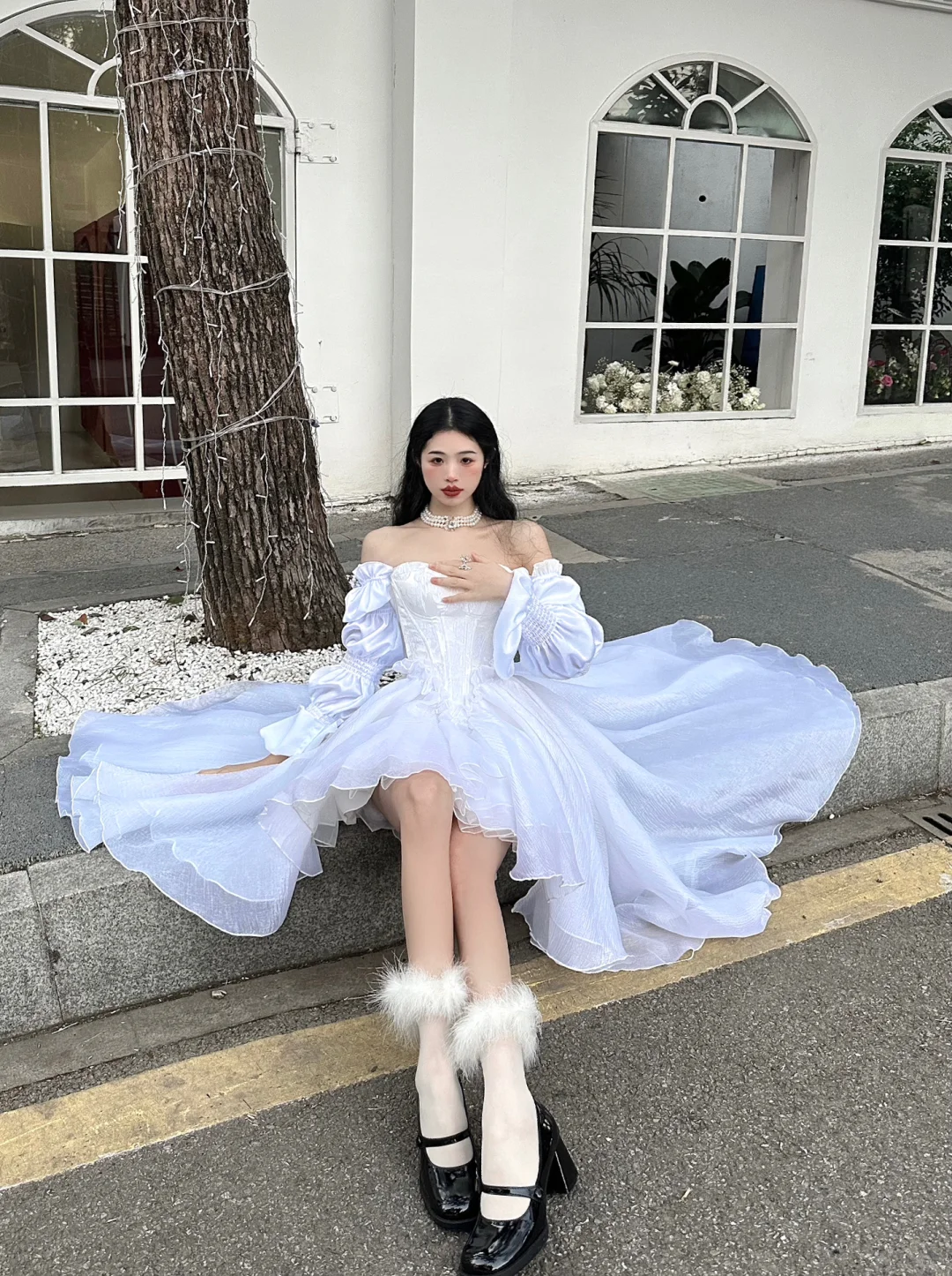 Princess White A Line Long Sleeve Chiffon Satin Long Sweep Party Dress Evening Dress SH3406