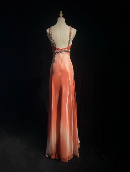 Chic Ombre Orange Chiffon Beaded Long Party Dress Evening Gowns D1936
