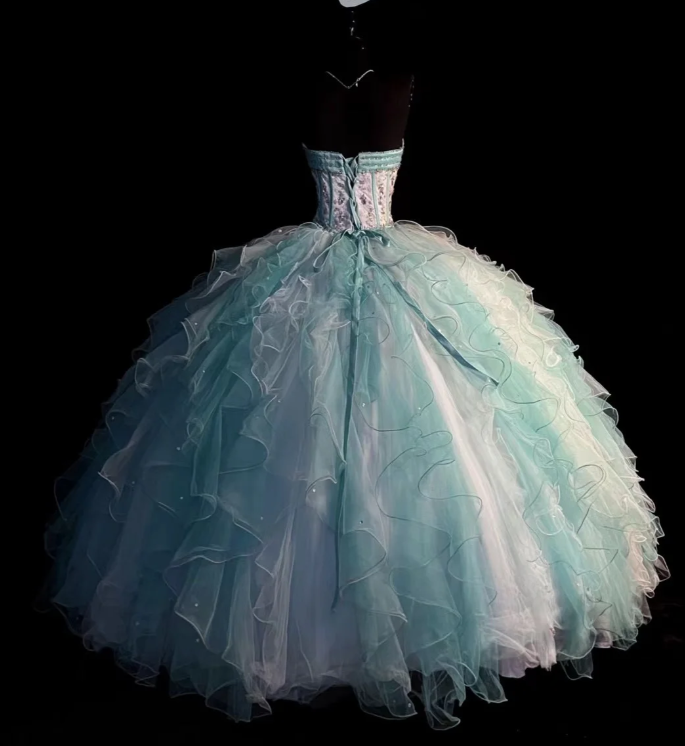 Chic Strapless Tulle Layered Ruffle Beaded Ball Gown Sweet 16 Dress Formal Birthday Quinceanera Dress D1831