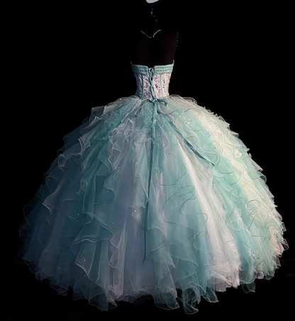 Chic Strapless Tulle Layered Ruffle Beaded Ball Gown Sweet 16 Dress Formal Birthday Quinceanera Dress D1831