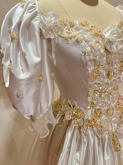Charming Off The Shoulder White Satin Beaded Long Wedding Dress Bridal Gowns With Gloves D2032