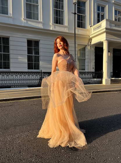 Flowy A Line One Shoulder Beaded Tulle Long Prom Dress Party Dress SH4685