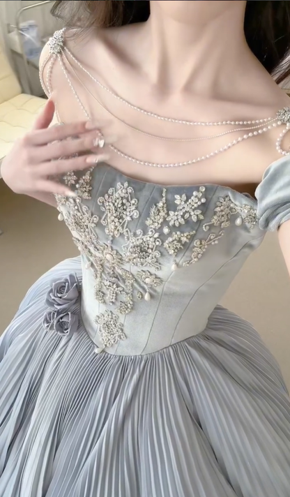 Grey A Line Off the Shoulder Exquisite Beaded Velvet Satin Long Prom Dress SH5034