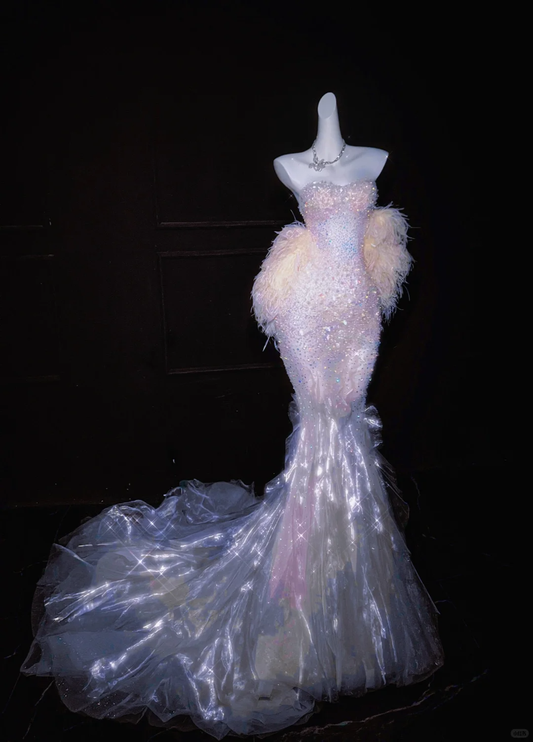 Dreamy Mermaid Sweetheart Neck Beaded Feather Tulle Party Dress Evening Dress SH3347