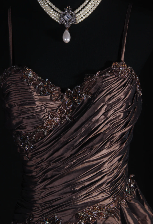 Retro Spaghetti Straps Brown Satin Pleated Beaded Long Party Dress Birthday Dress D2226
