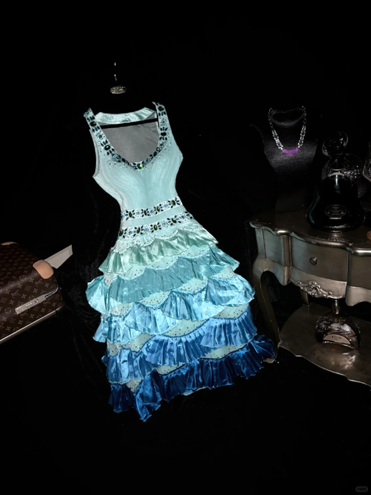 Cute A Line Beaded Layered Blue Ombre Satin Short Homecoming Dress Cocktail Dress SH3077