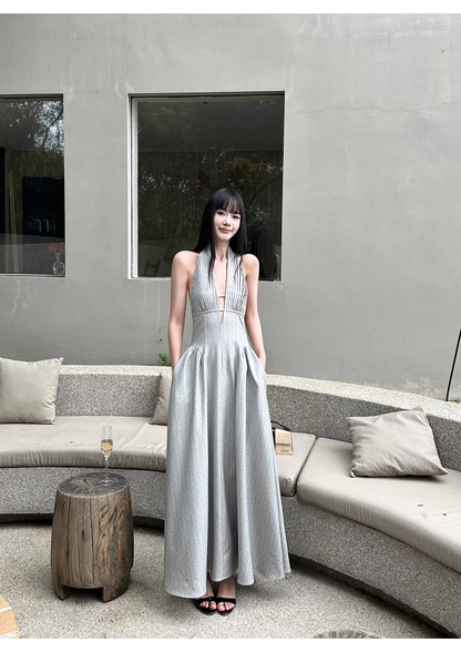 Fashion Halter Gray satin Pleated A Line Long Wedding Guest Dress,Backless Long Evening Dress Prom Gown With Pockets D2085