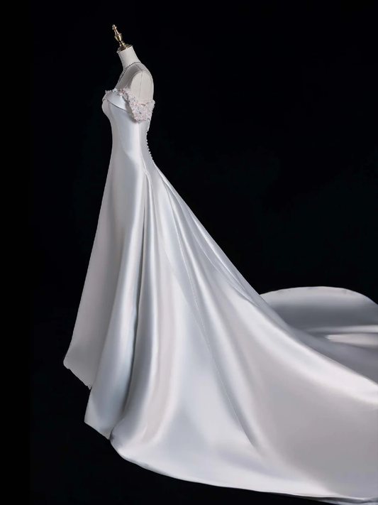 Elegant A Line Spaghetti Strap Beaded  White Satin Wedding Dress Prom Dress SH4112