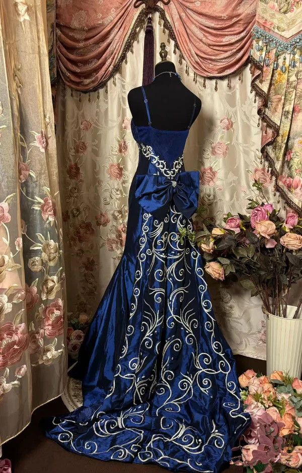 Vintage Spaghetti Straps Blue Satin Beaded Mermaid Evening Dress Long Prom Gown D1412