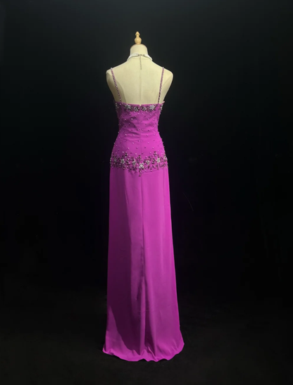 Classy Spaghetti Straps Purple Chiffon Beaded Long Wedding Guest Dress Formal Birthday Prom Dress Party Gown D1937