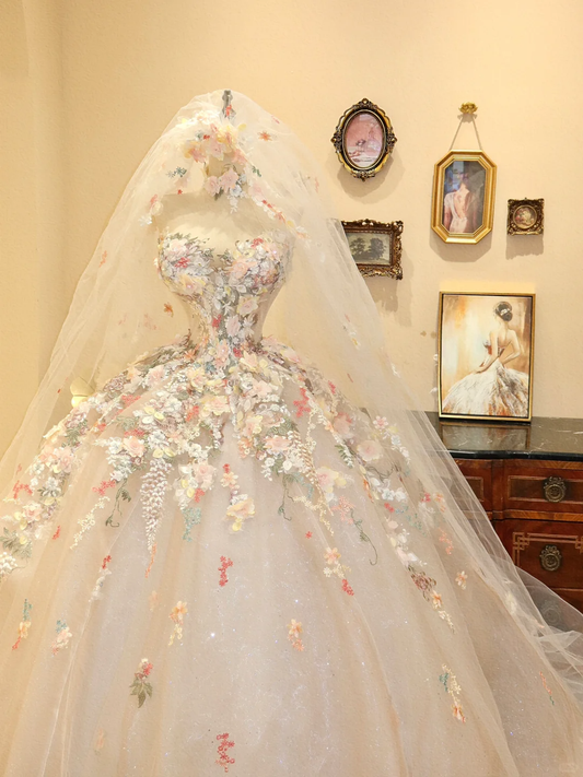 Gorgeous Ball Gown Sweetheart Neck Appliques Floral Tulle Prom Dress Evening Dress Date Dress SH3675