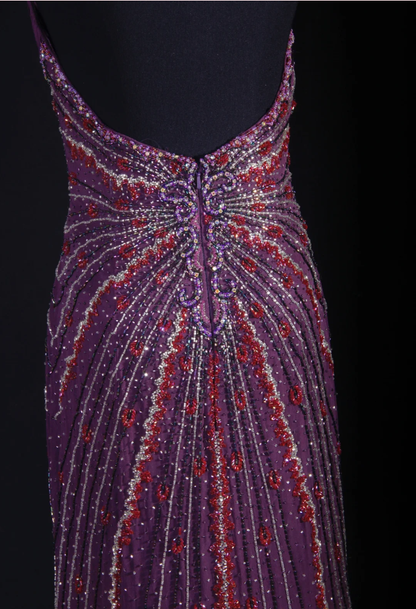 Purple Vintage V Neck Halter Satin Beaded Mermaid Long Party Dress Backless Evening Gown D2237