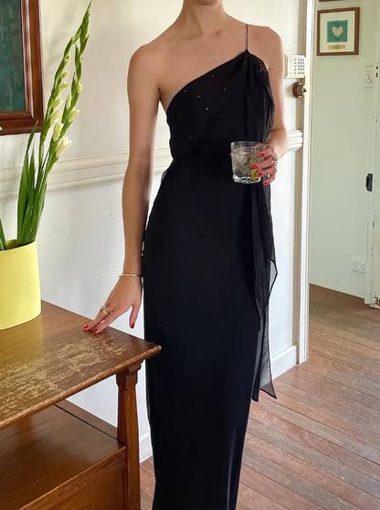 Sexy Sheath Spaghetti Strap Beaded Black Chiffon   Long Prom Dress Prom Dress SH2650