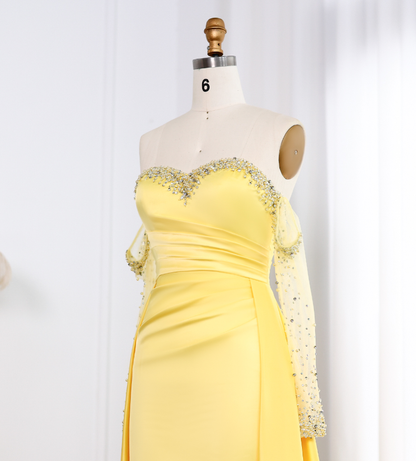 Elegant A Line Sweetheart Neck Long Sleeve Rhinestone Satin Long Prom Evening Dress SH2390
