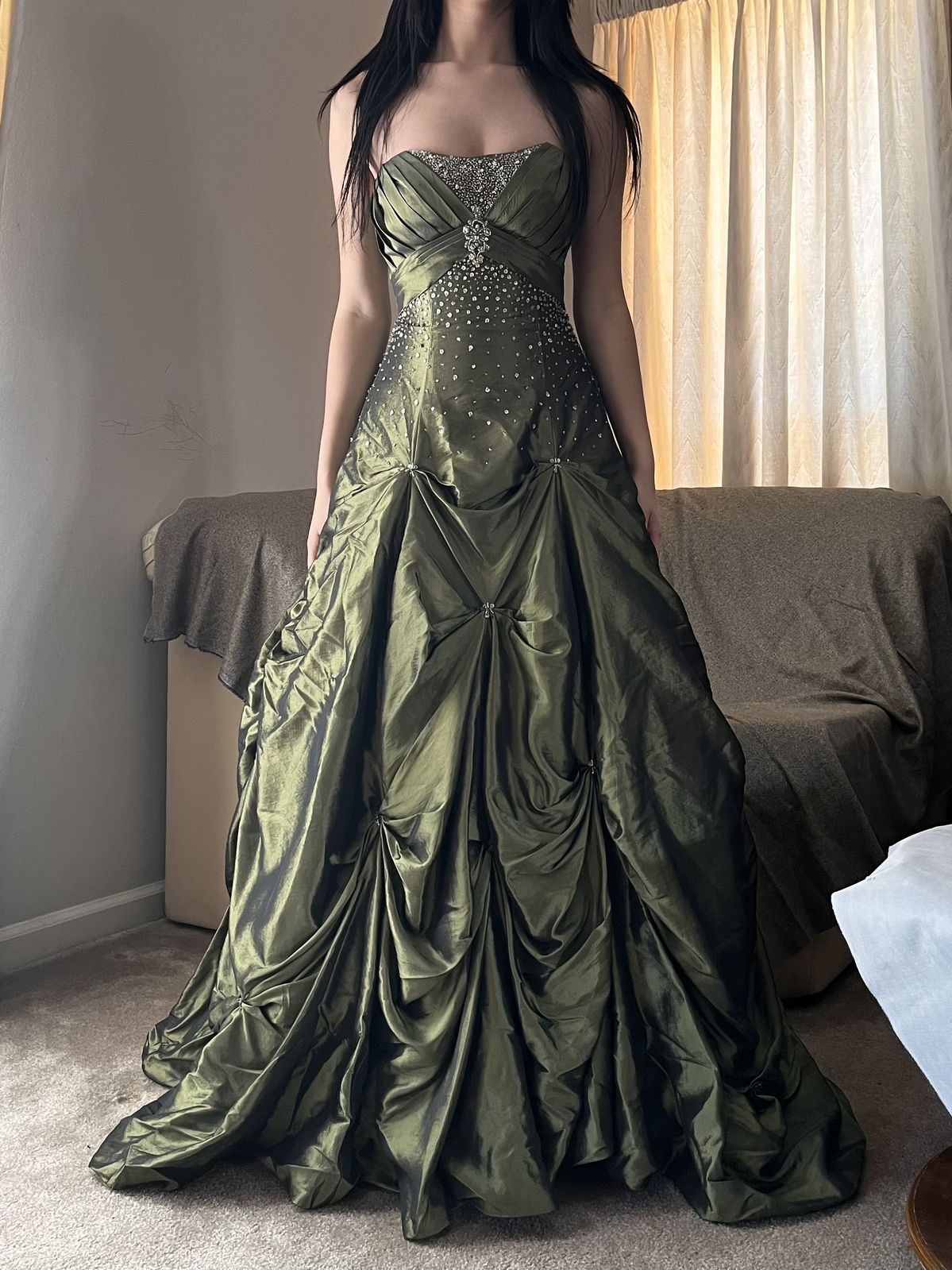 Pretty Strapless Satin Pleated Beaded Ball Gown Green Long Party Dress D1284