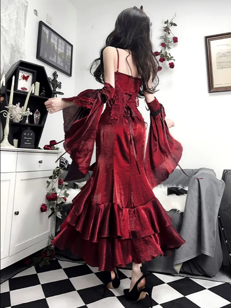 Vintage High Low Spaghetti Straps Floor Length Burgundy Flowers Prom Dresses Birthday Dress SD463
