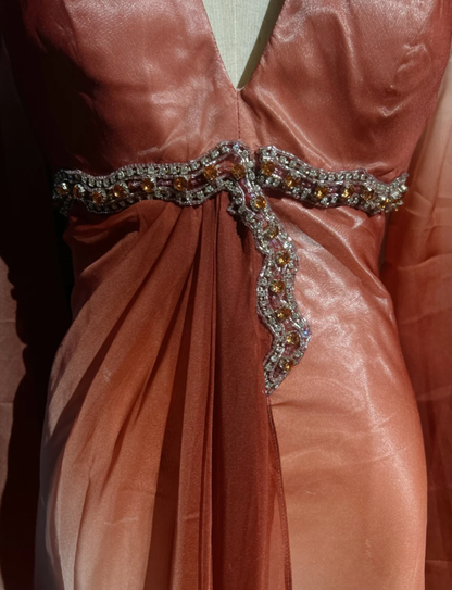 Chic Ombre Orange Chiffon Beaded Long Party Dress Evening Gowns D1936