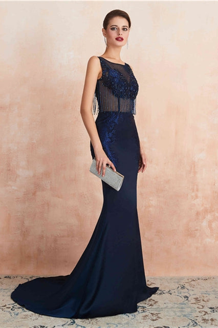 Navy Blue Scoop Sleeveless Mermaid Appliques Party Prom Dress