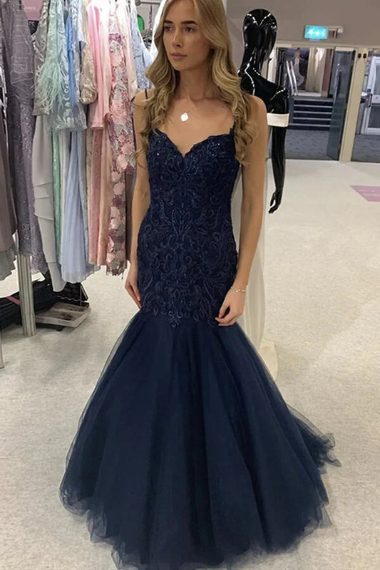 Navy Blue Sweetheart Sleeveless Mermaid Lace Appliques Party Prom Dress