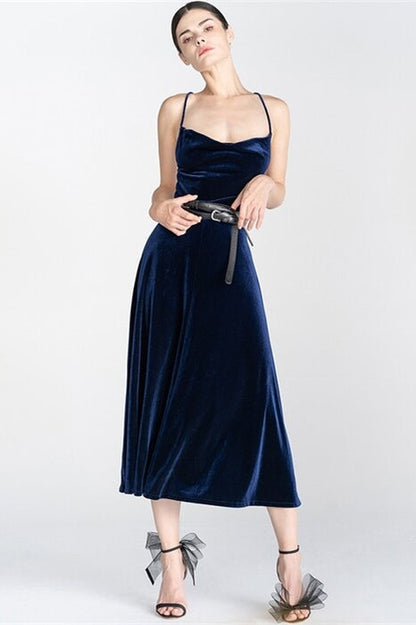 Navy Blue Spaghetti Straps Lae-Up Velvet Midi Party Dress