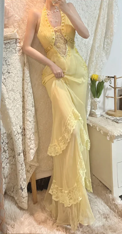 Classy Halter Yellow Lace Chiffon Beaded Mermaid Long Evening Gown Party Dress D1888