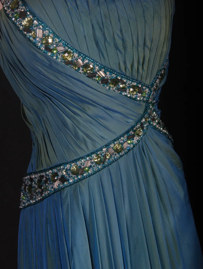 Unique Blue One Shoulder Satin Pleated Beaded Mermaid Prom Dress Long Birthday Evening Gowns D2289